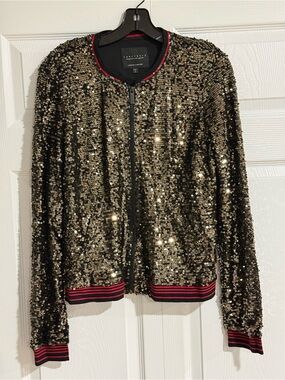 Sanctuary Gold Sequin Bomber Jacket with Red-Trim Ribbing